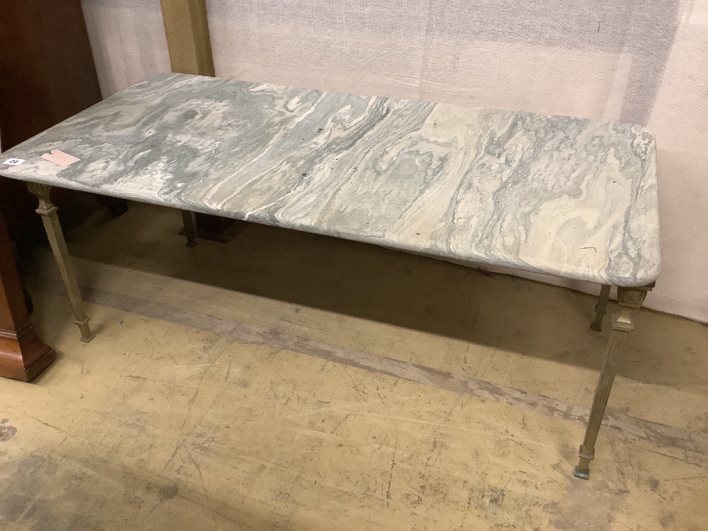 A rectangular marble top brass coffee table, width 109cm, depth 52cm, height 43cm